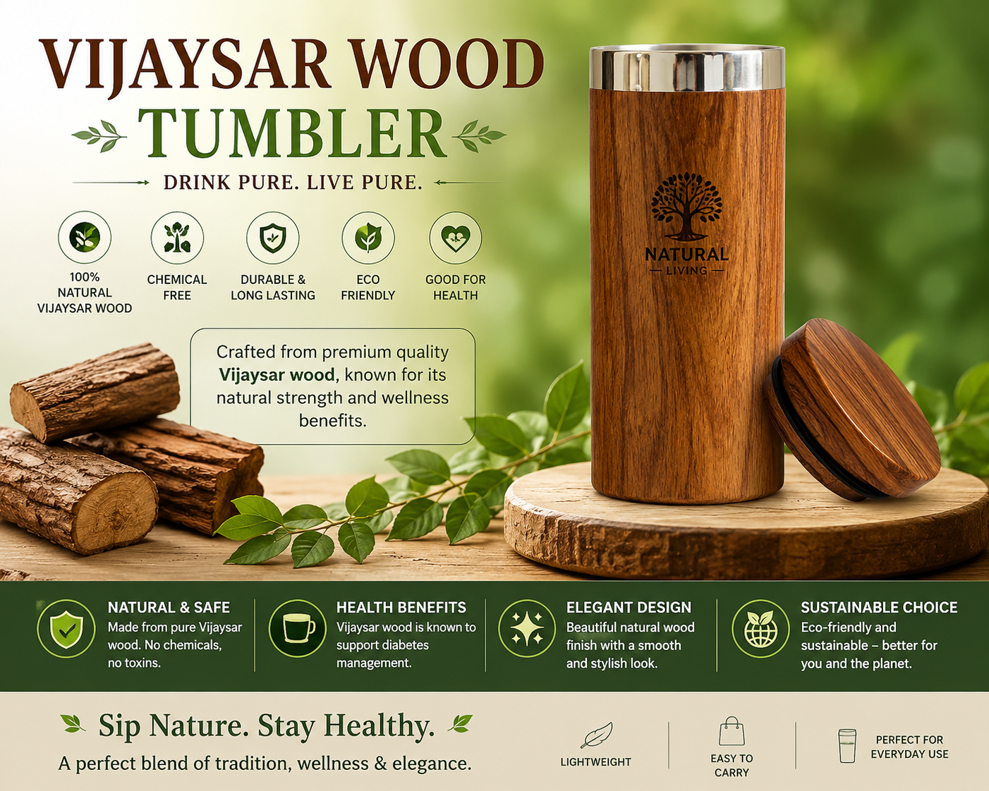 Vijaysar herbal wood tumbler (4 Inch)